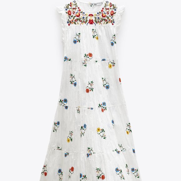 Zara White Embroidered floral Midi peasant Dress. - Picture 2 of 16